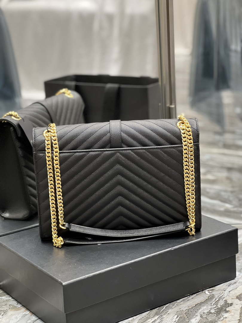 YSL 600166 Envelope Large In Quilted Grain De Poudre Embossed Leather Black V gird