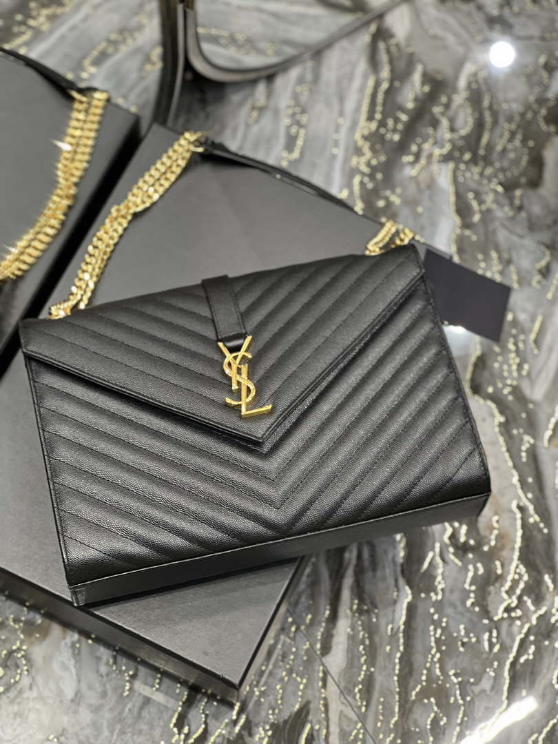YSL 600166 Envelope Large In Quilted Grain De Poudre Embossed Leather Black V gird - Default Title - View 6