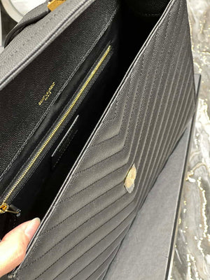 YSL 600166 Envelope Large In Quilted Grain De Poudre Embossed Leather Black V gird - Default Title - View 9