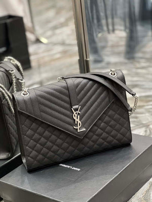 YSL 600166 Envelope Large In Quilted Grain De Poudre Embossed Leather Black Silver - Default Title - View 2