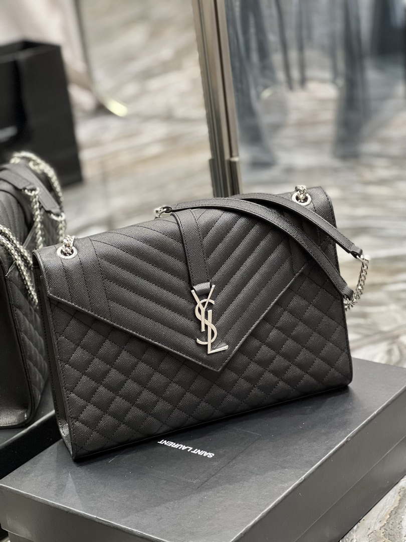 YSL 600166 Envelope Large In Quilted Grain De Poudre Embossed Leather Black Silver - Default Title - View 2