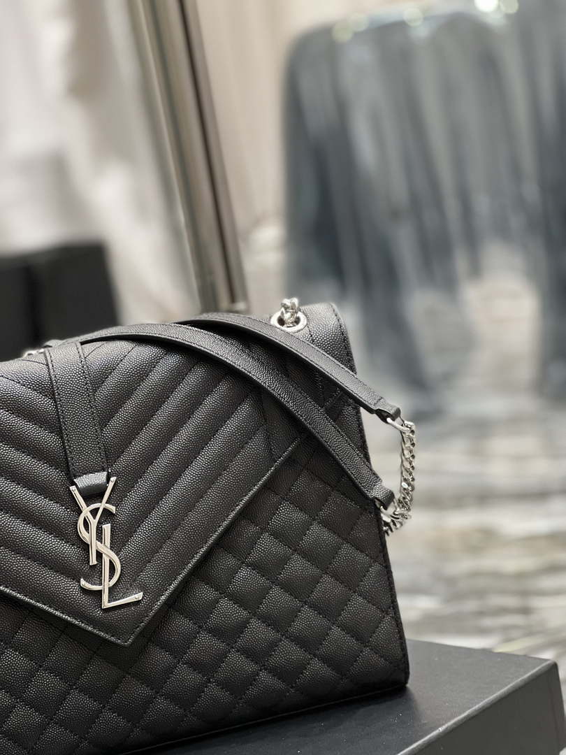YSL 600166 Envelope Large In Quilted Grain De Poudre Embossed Leather Black Silver