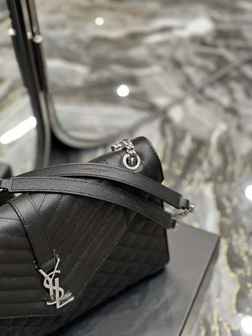 YSL 600166 Envelope Large In Quilted Grain De Poudre Embossed Leather Black Silver - Default Title - View 4