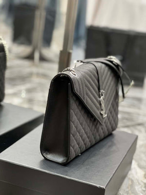 YSL 600166 Envelope Large In Quilted Grain De Poudre Embossed Leather Black Silver - Default Title - View 5