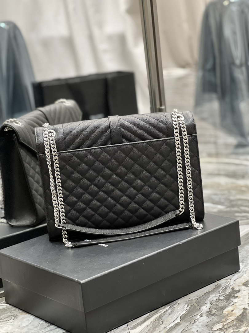 YSL 600166 Envelope Large In Quilted Grain De Poudre Embossed Leather Black Silver