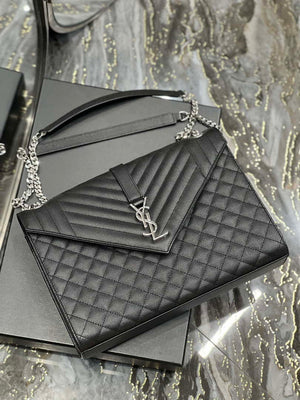 YSL 600166 Envelope Large In Quilted Grain De Poudre Embossed Leather Black Silver - Default Title - View 7