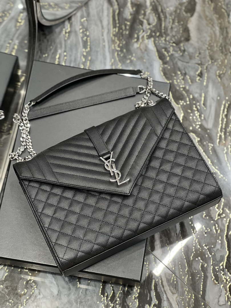 YSL 600166 Envelope Large In Quilted Grain De Poudre Embossed Leather Black Silver