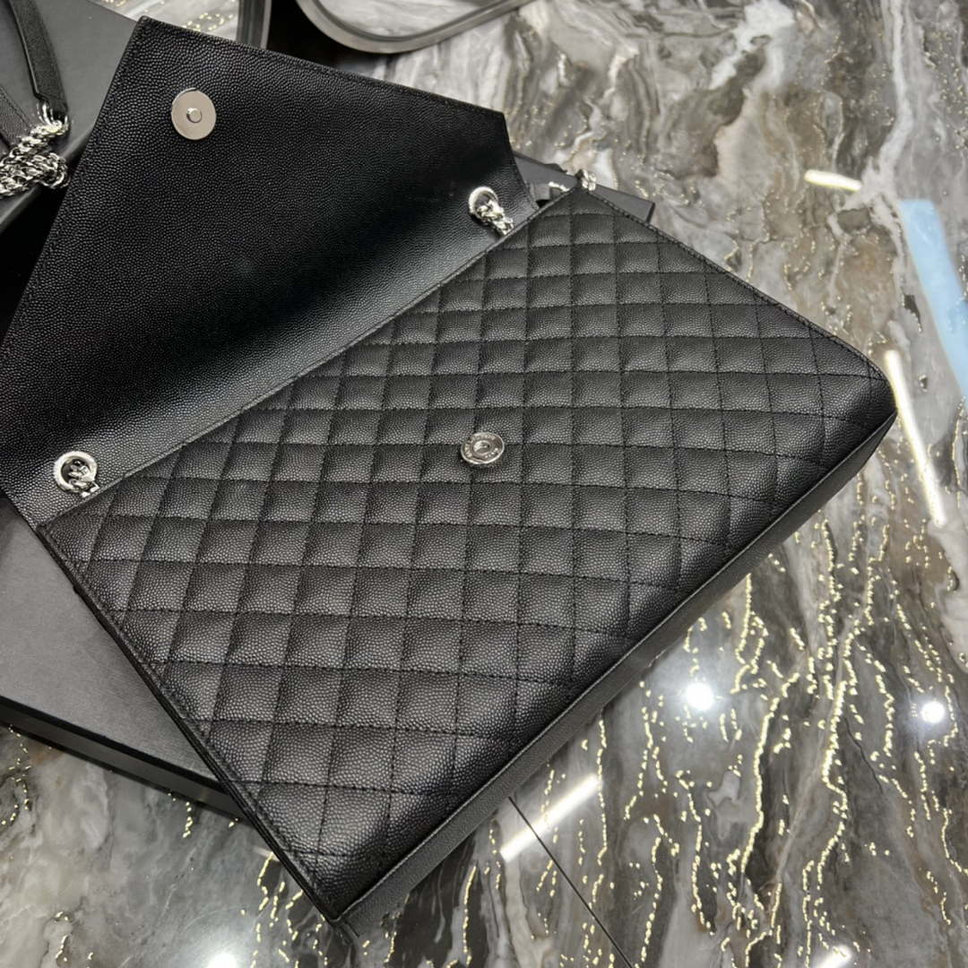 YSL 600166 Envelope Large In Quilted Grain De Poudre Embossed Leather Black Silver - Default Title - View 8
