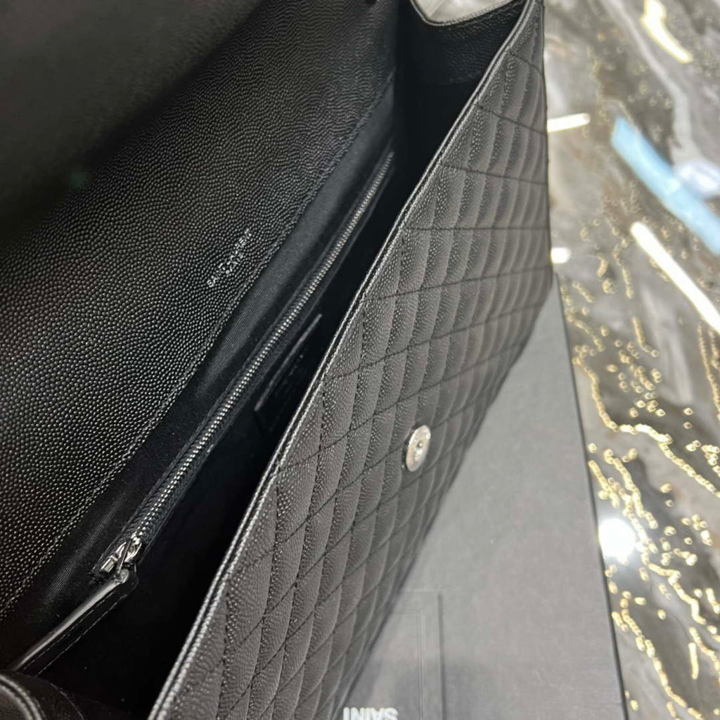 YSL 600166 Envelope Large In Quilted Grain De Poudre Embossed Leather Black Silver