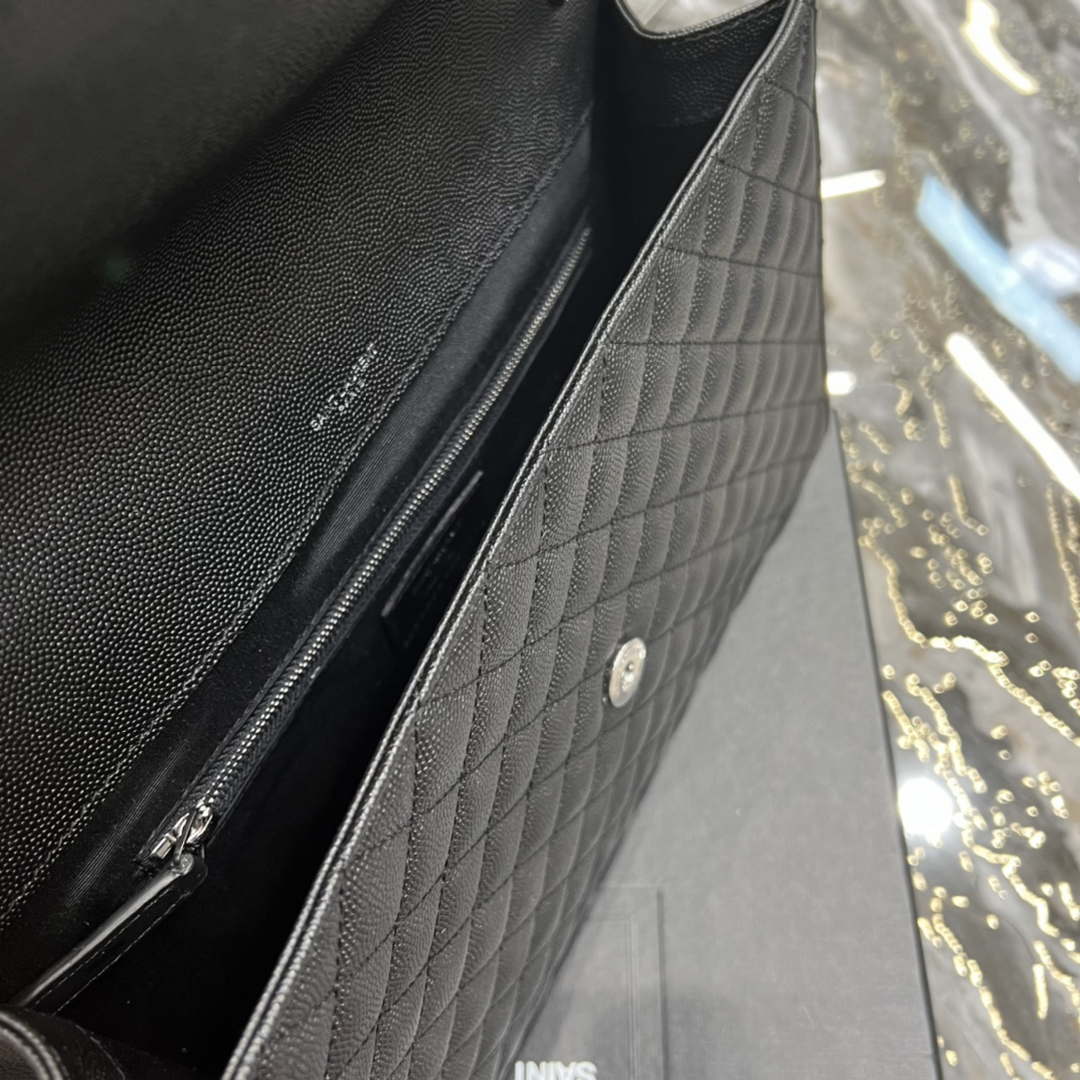 YSL 600166 Envelope Large In Quilted Grain De Poudre Embossed Leather Black Silver - Default Title - View 9