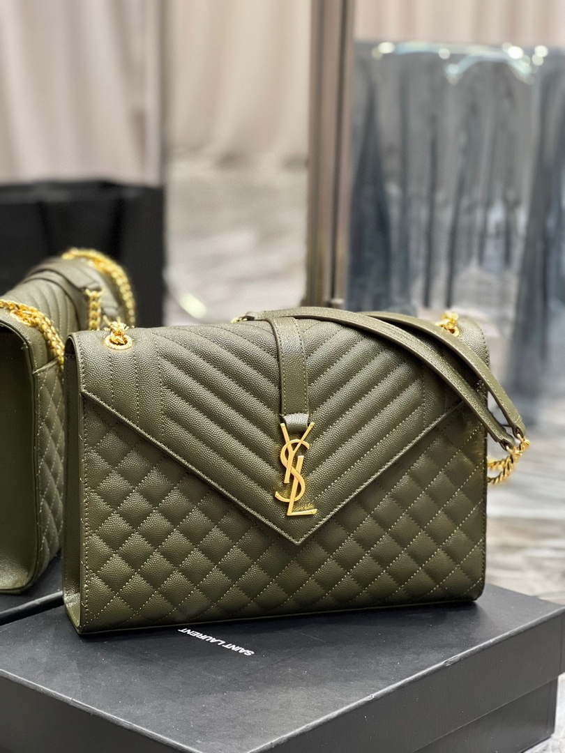 YSL 600166 Envelope Large In Quilted Grain De Poudre Embossed Leather Black Green
