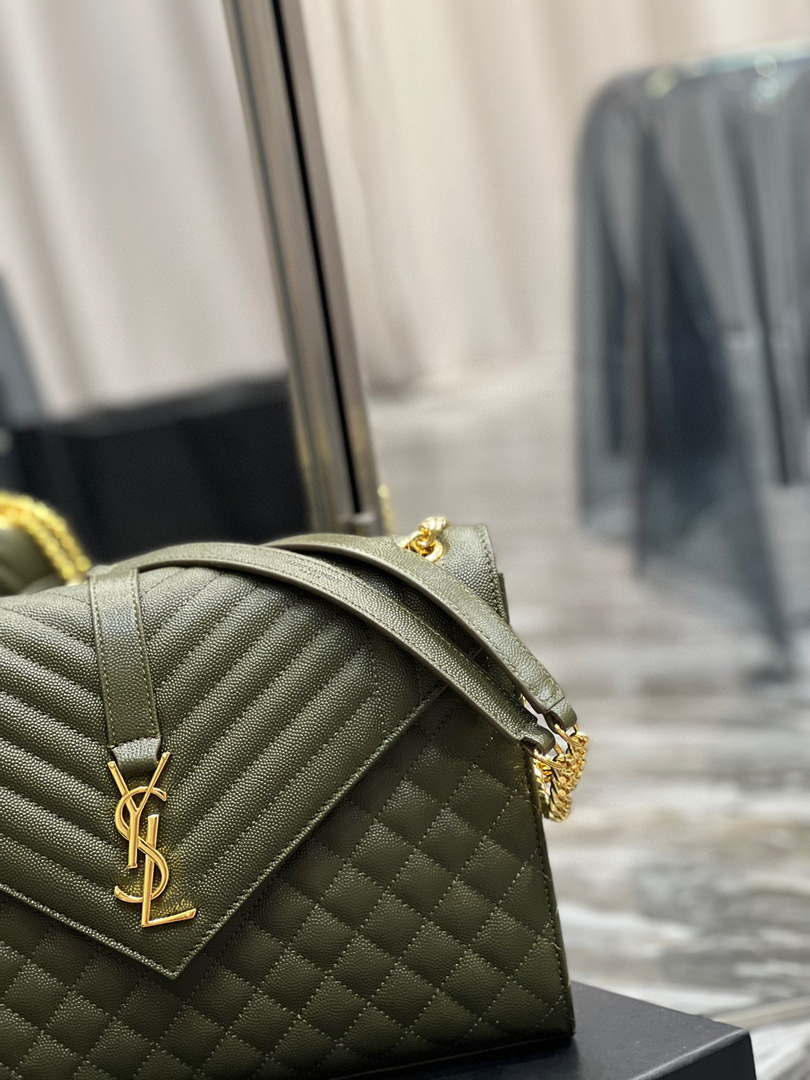 YSL 600166 Envelope Large In Quilted Grain De Poudre Embossed Leather Black Green