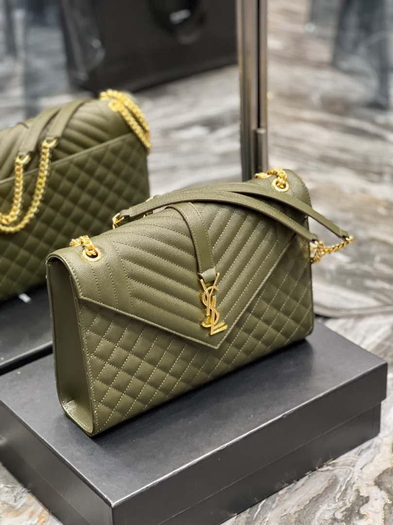 YSL 600166 Envelope Large In Quilted Grain De Poudre Embossed Leather Black Green