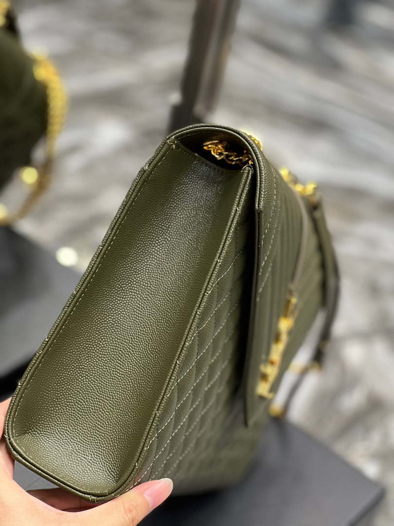 YSL 600166 Envelope Large In Quilted Grain De Poudre Embossed Leather Black Green
