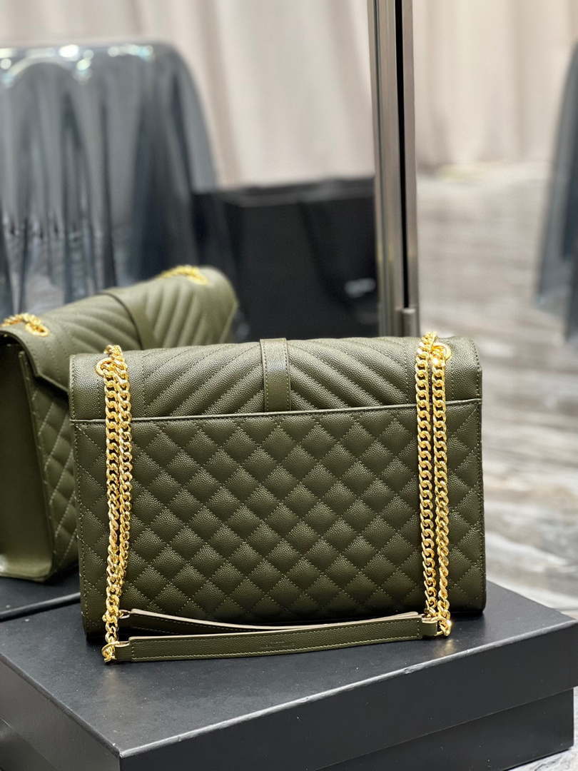 YSL 600166 Envelope Large In Quilted Grain De Poudre Embossed Leather Black Green