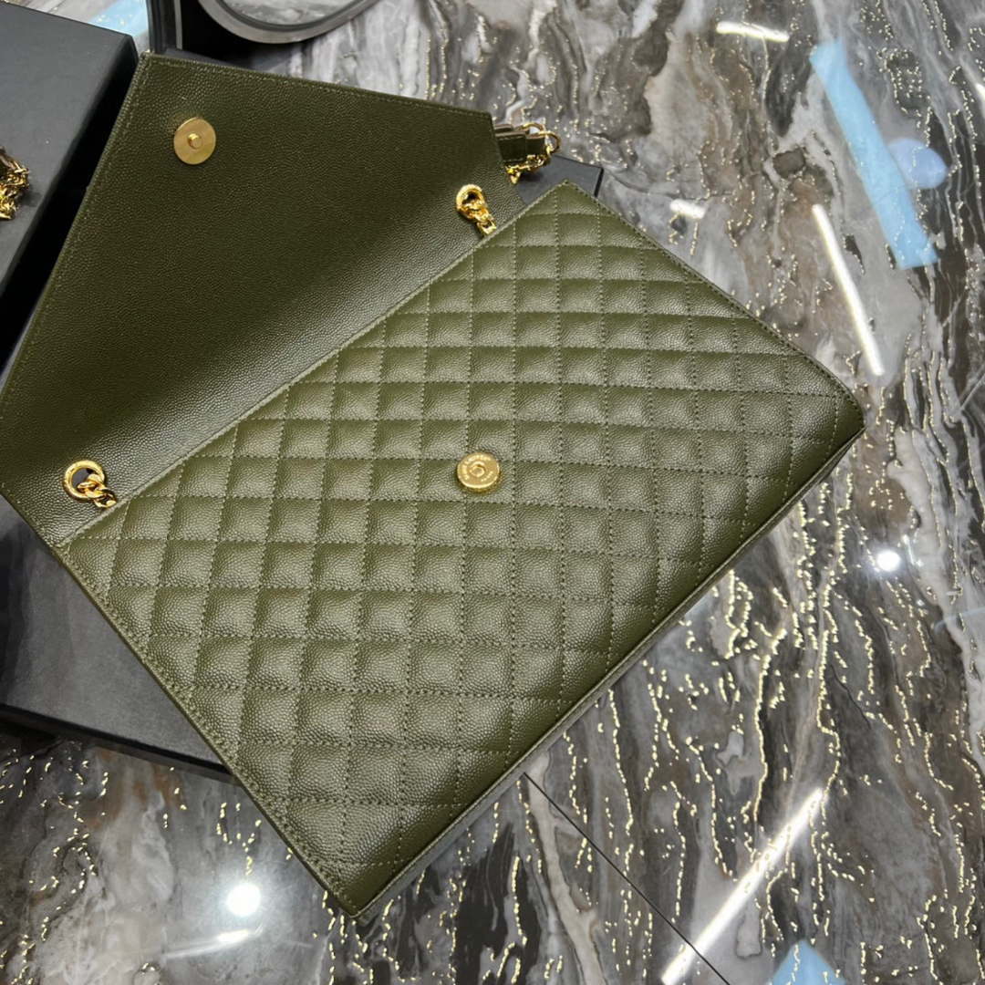 YSL 600166 Envelope Large In Quilted Grain De Poudre Embossed Leather Black Green