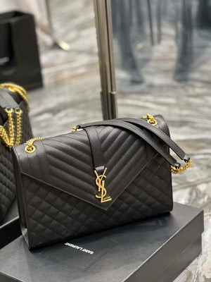 YSL 600166 Envelope Large In Quilted Grain De Poudre Embossed Leather Black - Default Title - View 1