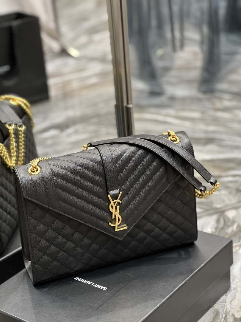 YSL 600166 Envelope Large In Quilted Grain De Poudre Embossed Leather Black - Default Title - View 1