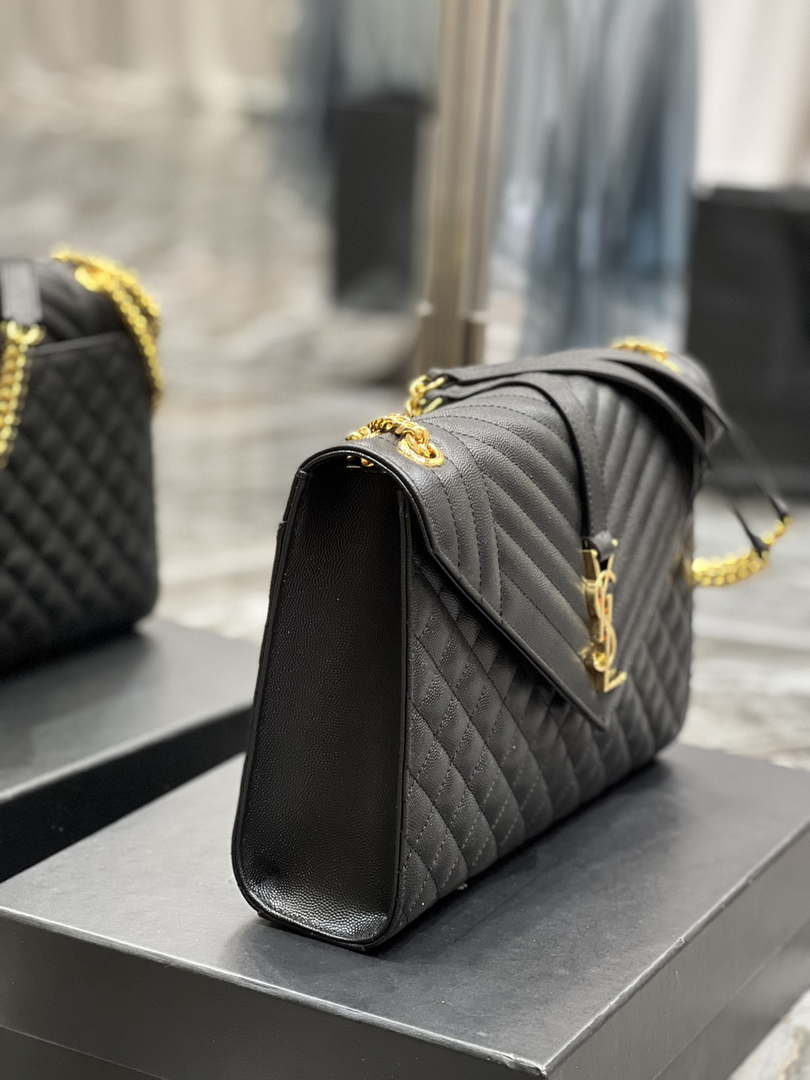 YSL 600166 Envelope Large In Quilted Grain De Poudre Embossed Leather Black