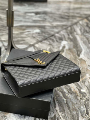 YSL 600166 Envelope Large In Quilted Grain De Poudre Embossed Leather Black - Default Title - View 6