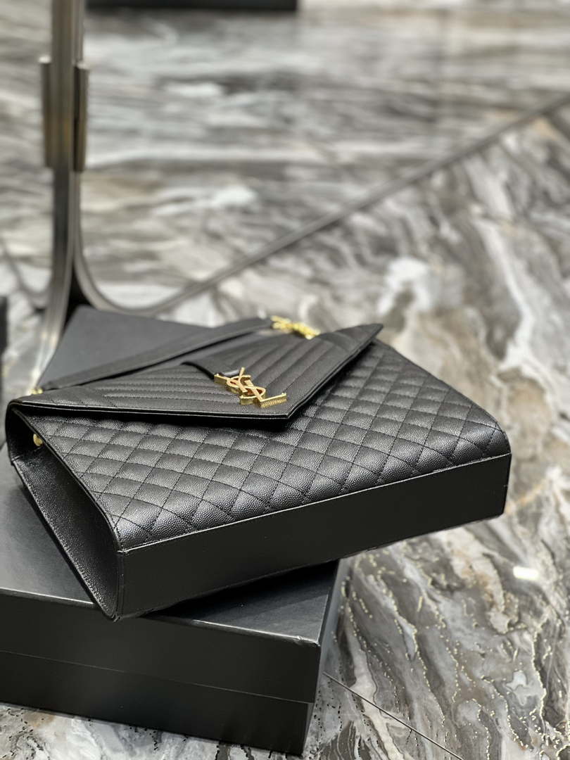 YSL 600166 Envelope Large In Quilted Grain De Poudre Embossed Leather Black
