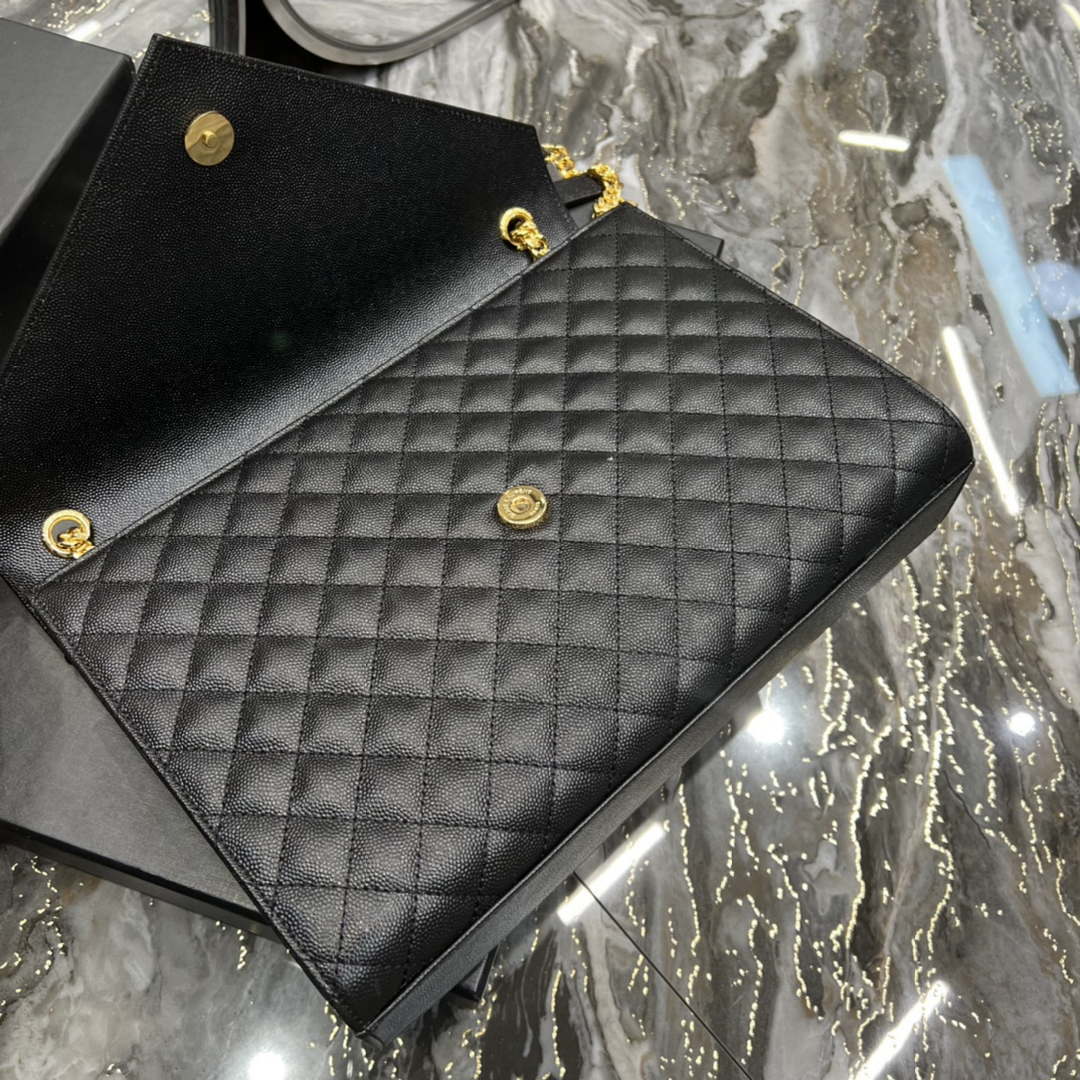 YSL 600166 Envelope Large In Quilted Grain De Poudre Embossed Leather Black