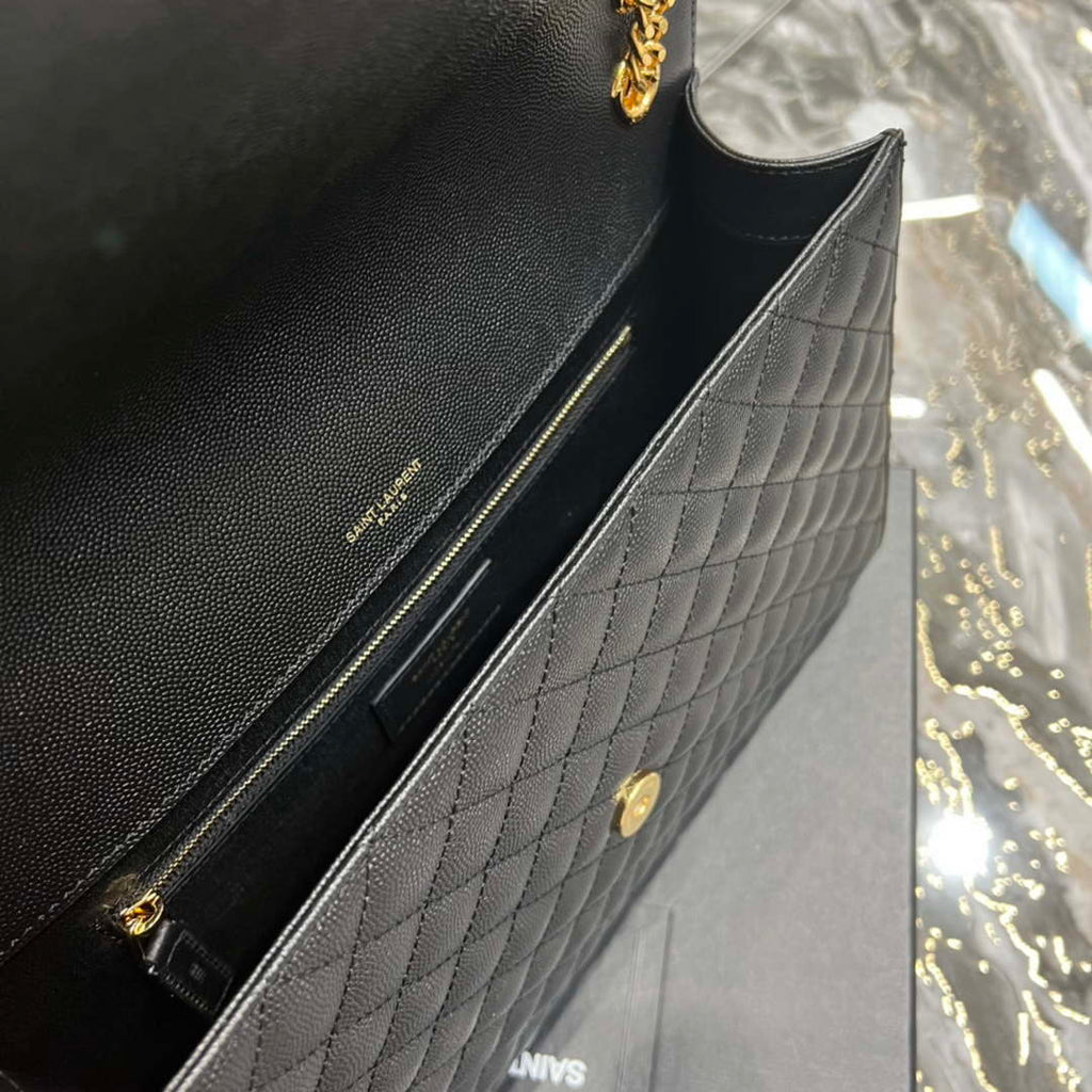 YSL 600166 Envelope Large In Quilted Grain De Poudre Embossed Leather Black
