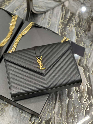 YSL 600166 Envelope Large In Quilted Grain De Poudre Embossed Leather Black V gird - Default Title - View 6