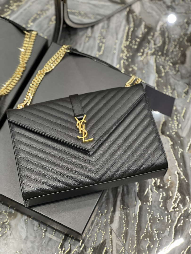 YSL 600166 Envelope Large In Quilted Grain De Poudre Embossed Leather Black V gird