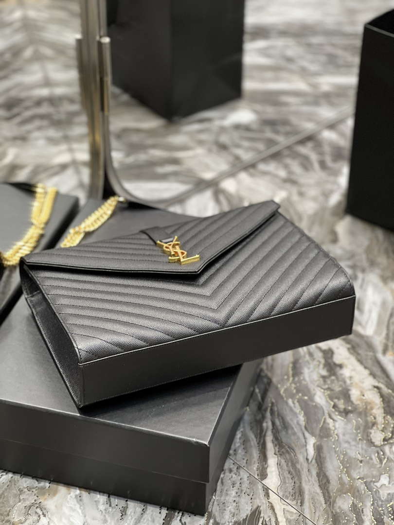 YSL 600166 Envelope Large In Quilted Grain De Poudre Embossed Leather Black V gird - Default Title - View 7