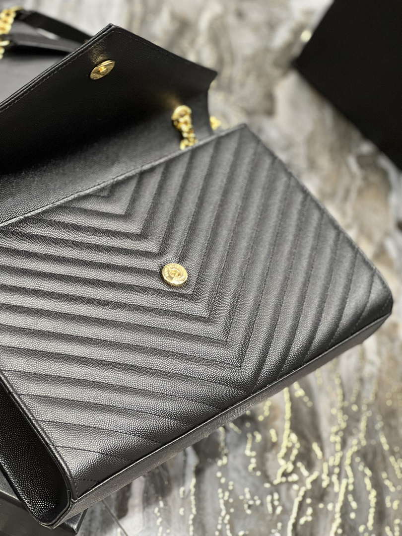 YSL 600166 Envelope Large In Quilted Grain De Poudre Embossed Leather Black V gird - Default Title - View 8
