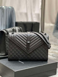 YSL 600166 Envelope Large In Quilted Grain De Poudre Embossed Leather Black V gird With Black Hardware