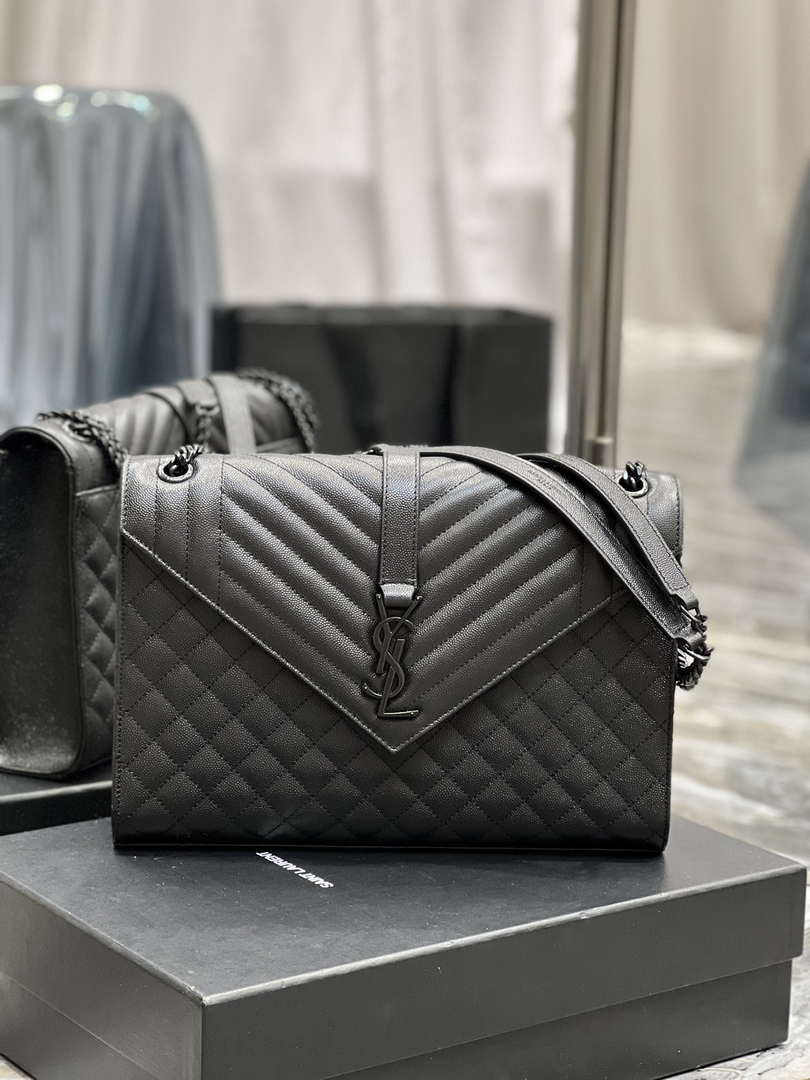 YSL 600166 Envelope Large In Quilted Grain De Poudre Embossed Leather Black V gird With Black Hardware - Default Title - View 1