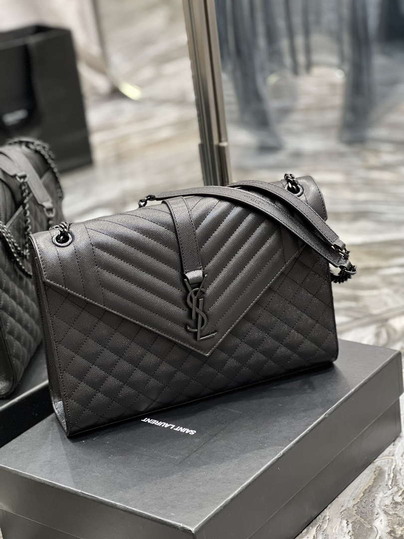 YSL 600166 Envelope Large In Quilted Grain De Poudre Embossed Leather Black V gird With Black Hardware
