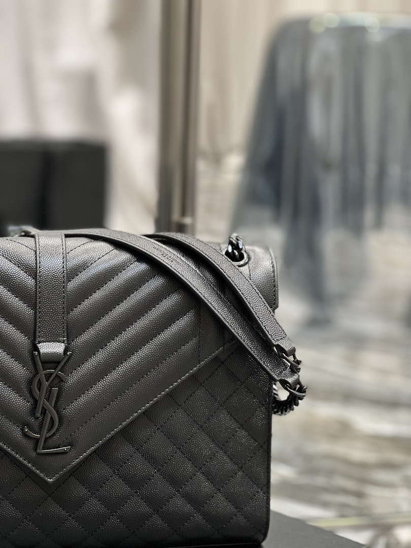 YSL 600166 Envelope Large In Quilted Grain De Poudre Embossed Leather Black V gird With Black Hardware