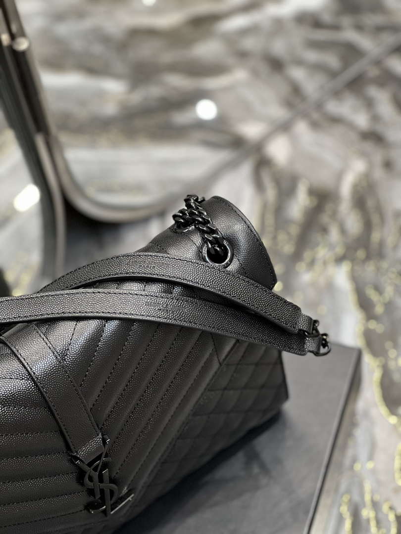 YSL 600166 Envelope Large In Quilted Grain De Poudre Embossed Leather Black V gird With Black Hardware
