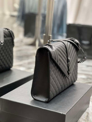 YSL 600166 Envelope Large In Quilted Grain De Poudre Embossed Leather Black V gird With Black Hardware - Default Title - View 5