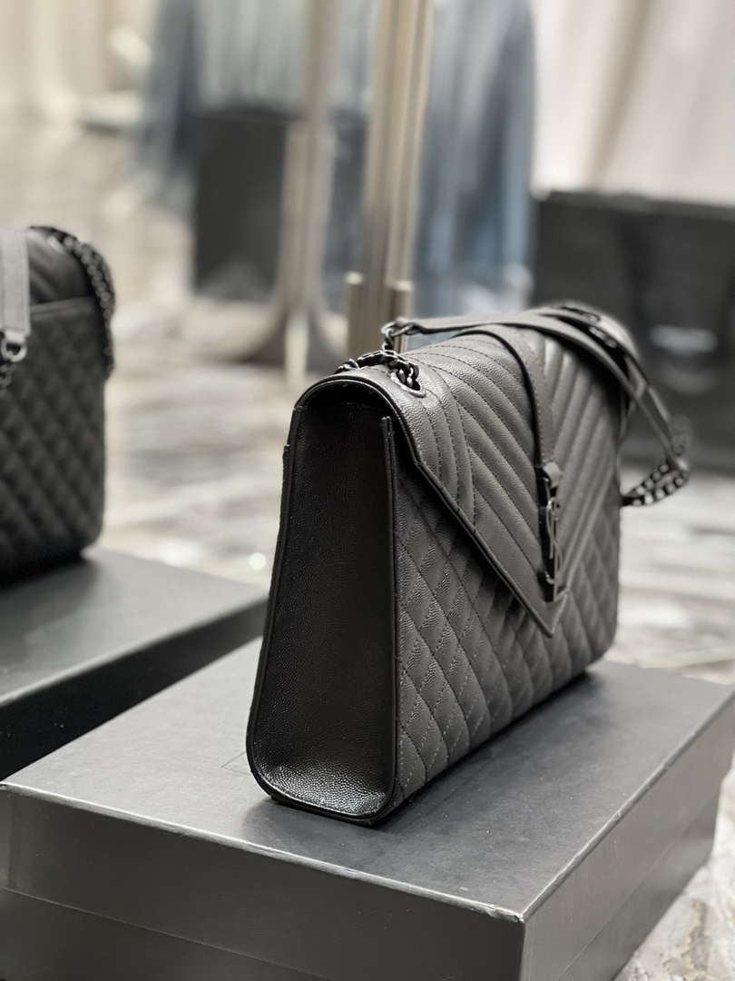 YSL 600166 Envelope Large In Quilted Grain De Poudre Embossed Leather Black V gird With Black Hardware