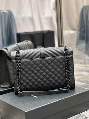 YSL 600166 Envelope Large In Quilted Grain De Poudre Embossed Leather Black V gird With Black Hardware - Default Title - View 6