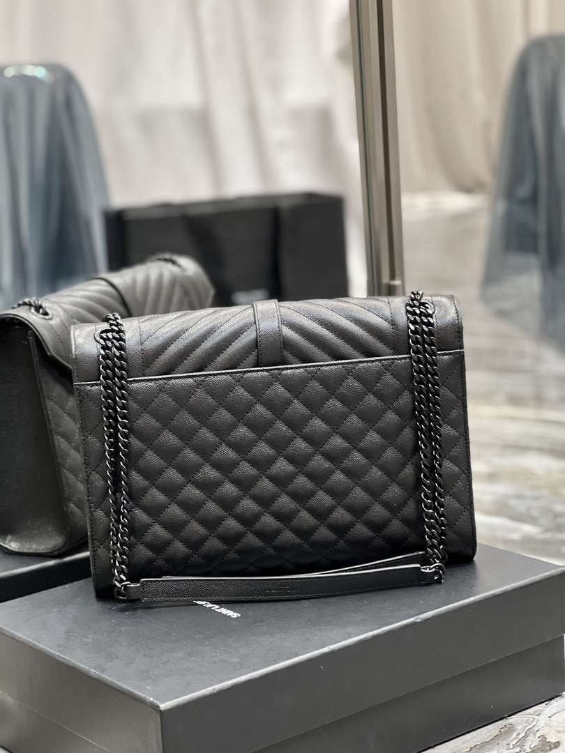 YSL 600166 Envelope Large In Quilted Grain De Poudre Embossed Leather Black V gird With Black Hardware