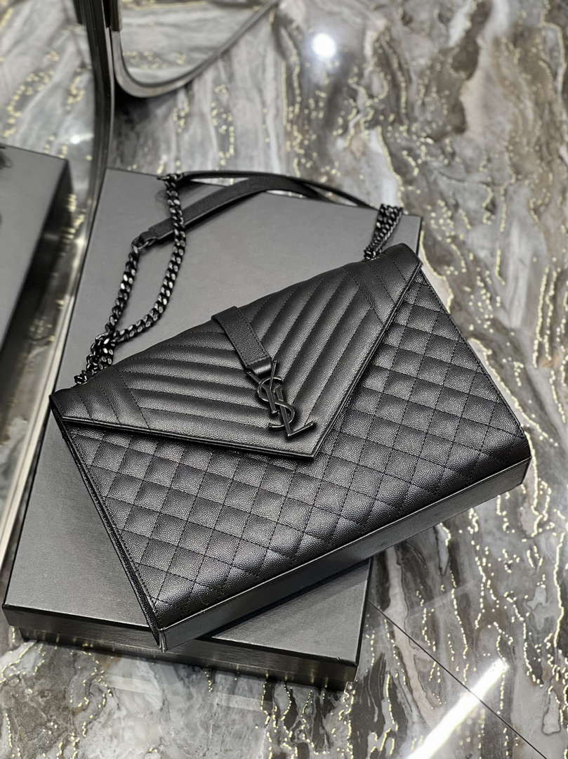 YSL 600166 Envelope Large In Quilted Grain De Poudre Embossed Leather Black V gird With Black Hardware