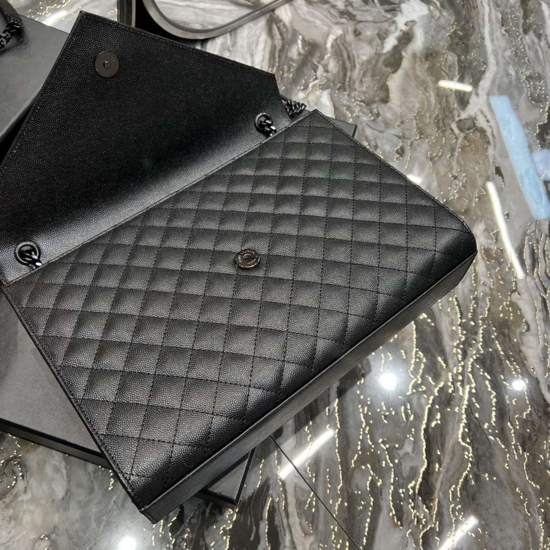 YSL 600166 Envelope Large In Quilted Grain De Poudre Embossed Leather Black V gird With Black Hardware