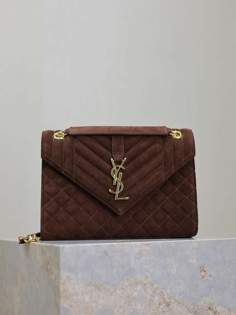 YSL 600185 Envelope Meduim In Dark Brown Suede Leather
