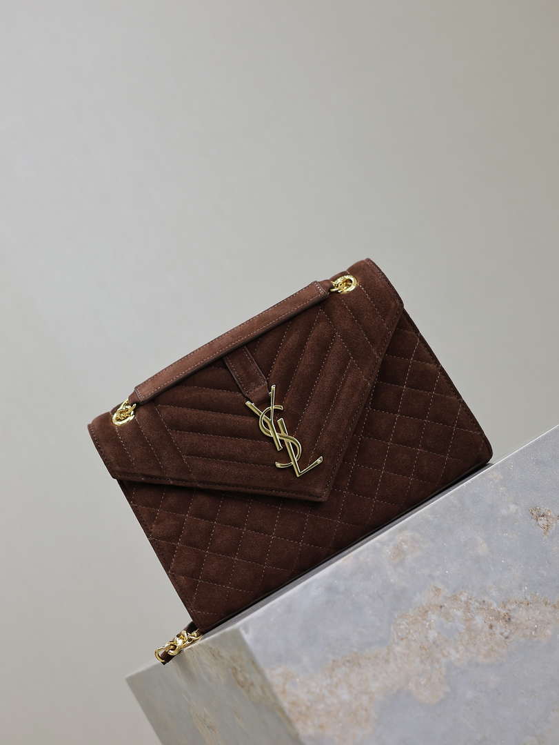 YSL 600185 Envelope Meduim In Dark Brown Suede Leather - Default Title - View 2