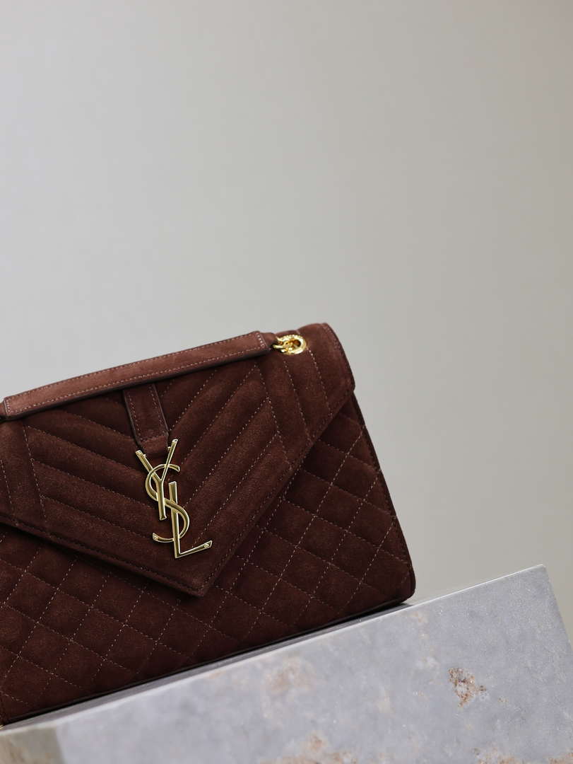 YSL 600185 Envelope Meduim In Dark Brown Suede Leather
