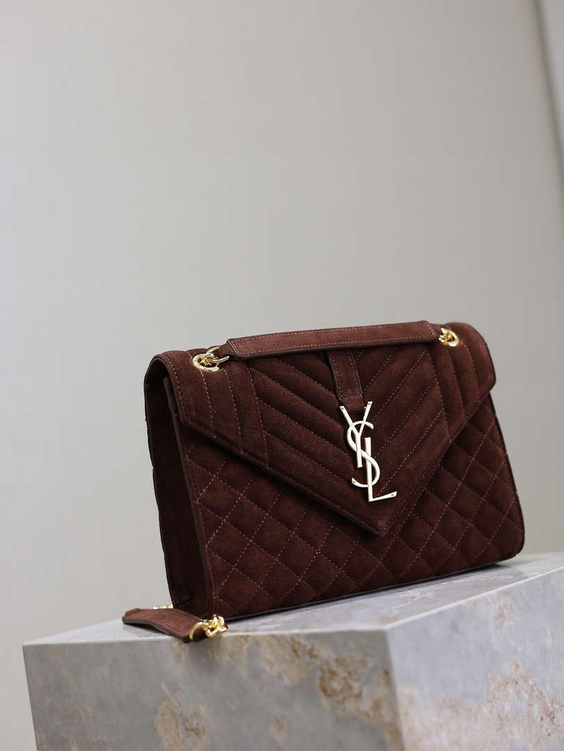 YSL 600185 Envelope Meduim In Dark Brown Suede Leather