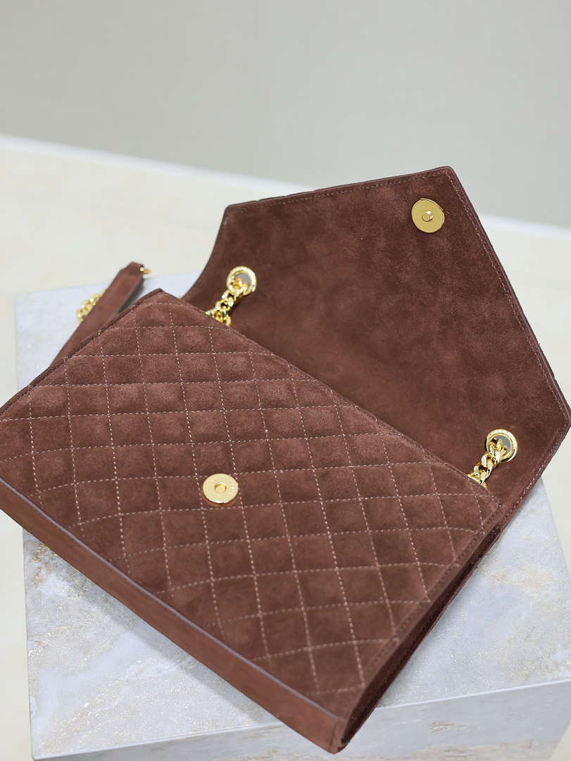 YSL 600185 Envelope Meduim In Dark Brown Suede Leather