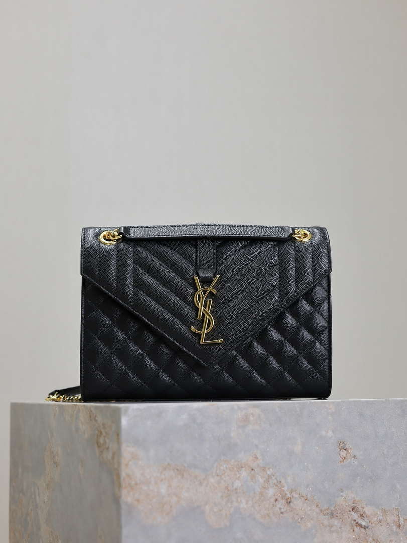 YSL 600185 Envelope Meduim In Quilted Grain De Poudre Embossed Leather Black Gold