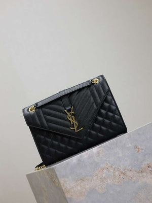 YSL 600185 Envelope Meduim In Quilted Grain De Poudre Embossed Leather Black Gold - Default Title - View 8