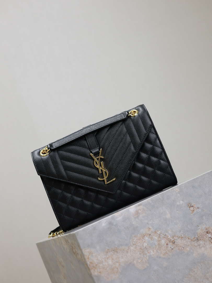 YSL 600185 Envelope Meduim In Quilted Grain De Poudre Embossed Leather Black Gold